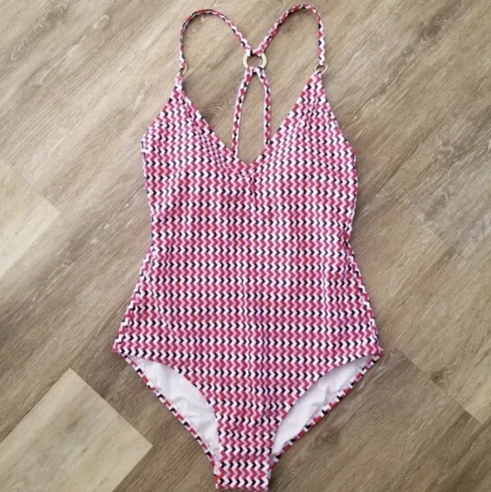 NWT Kona Sol Red Blue Chevron Print One Piece Swimsuit Size 17